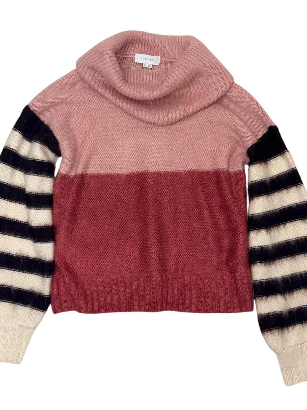 NWT LOST INK Rose Pink and Burgundy Colorblock Cowl Neck Sweater size M